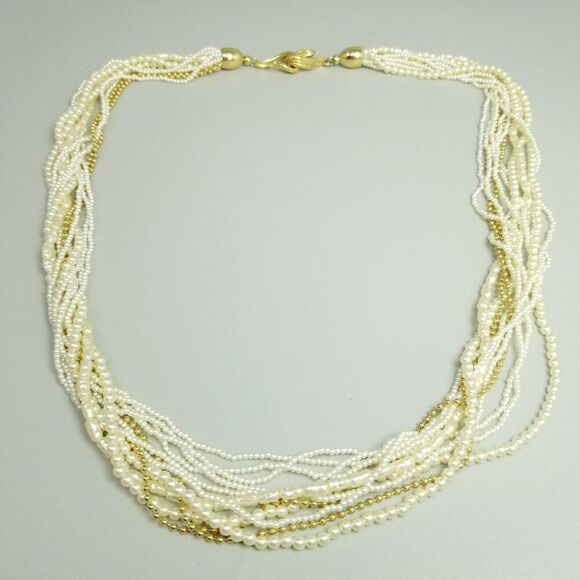 Vintage Faux Pearl and Gold Tone Multi Strand Long Beaded Necklace, Hook Clasp - Picture 1 of 7